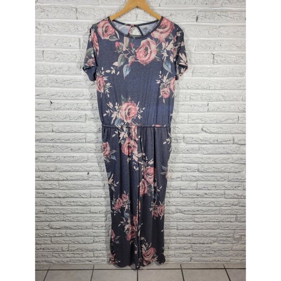 Tickled Teal Women Jumpsuit Extra Large Short Sleeve Gray Floral FLO190E - Picture 1 of 10